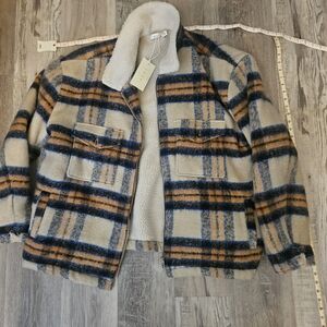 MNML Beige Plaid Sherpa-Lined Shirt Jacket with Blue & Tan Stripes